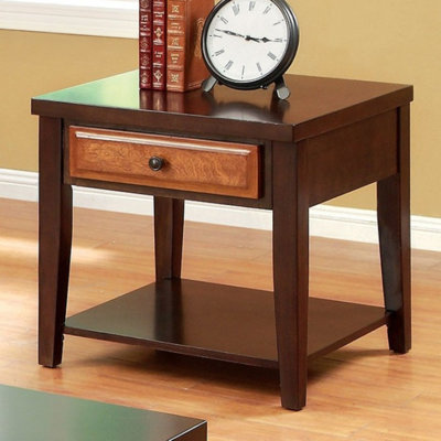 Selvara Table de bout carrée en chêne foncé et cerisier foncé avec tiroir et tablette ouverte