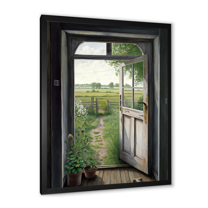 Vue d'un chalet champêtre porte V - Paysage de ferme, art mural, salon, H 44 po x l 34 po x P 1,5 po, Cadre photo noir