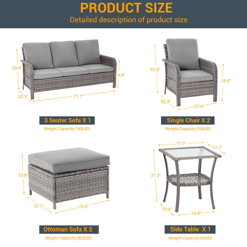 6 Piece Patio Conversation Sofa Set with Table, Grey