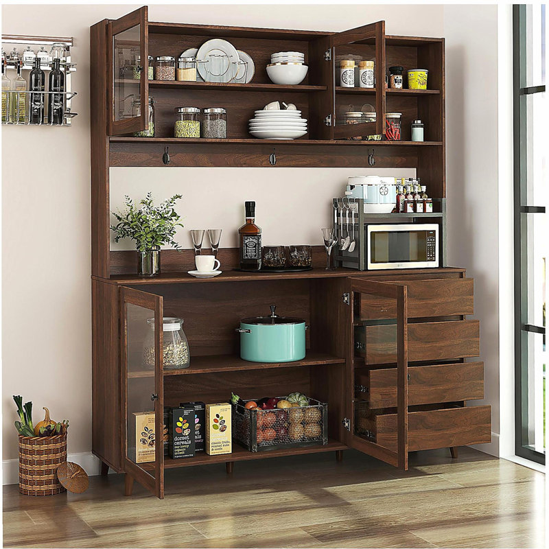 Grande armoire murale de 63 po de largeur, armoire de rangement autoportante avec 4 portes, 4 tiroirs et support à micro-ondes, couleur noyer