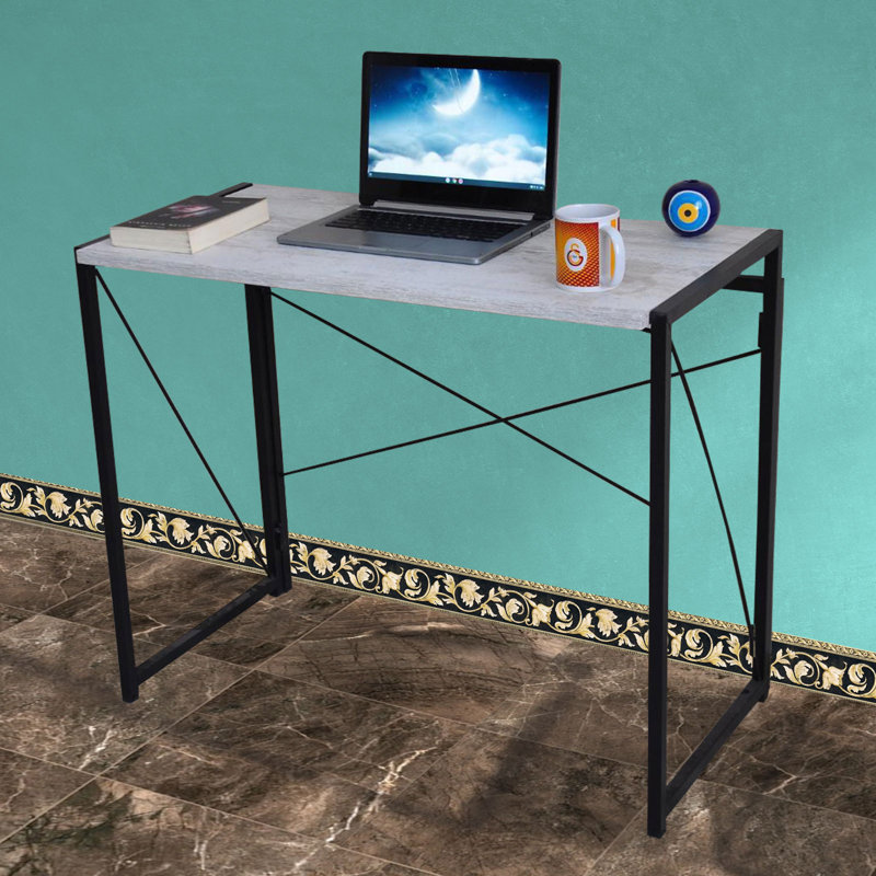 Danyaal Foldable Steel Writing Desk and Computer Desk, 75cm H x 80cm W x 45cm D, Black, Grey