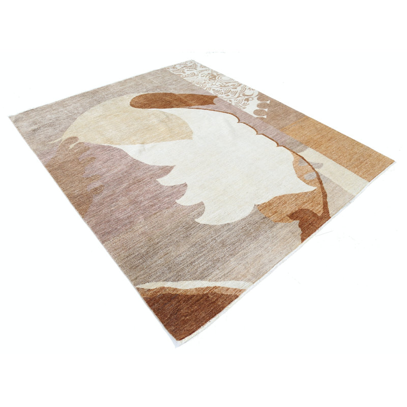 Tapis en laine beige, brun et ivoire noué à la main 6,6 x 8 pi