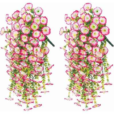 2 PCS Artificial Hanging Morning Glory Flowers,Durable Silk Morning Glory Faux Flowers, Decoration for Garden, No Fade Plastic Flowers for Wedding Events, Suitable for Home Decor,Pink white border