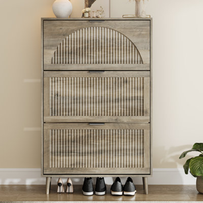24 Pairs Shoe Storage Cabinet with 3 Flip Drawers and Adjustable Shelf, Freestanding Wood Shoe Organizer with Fluted Panel for Entryway, Hallway, Living Room