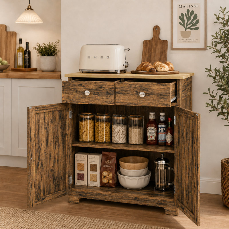 Style campagnard moderne avec comptoir en bois massif à deux tiroirs et armoire à tablette réglable pour la salle à manger et le café