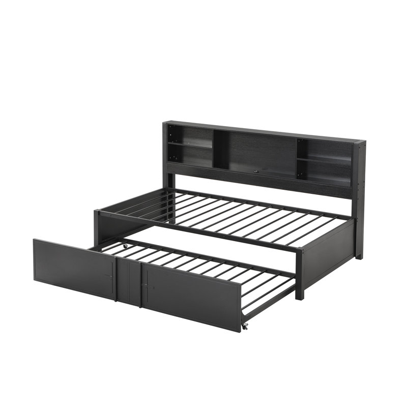 Metal Twin Size Daybed With Twin Size Trundle, Storage Shelves And USB Ports, Black, Black