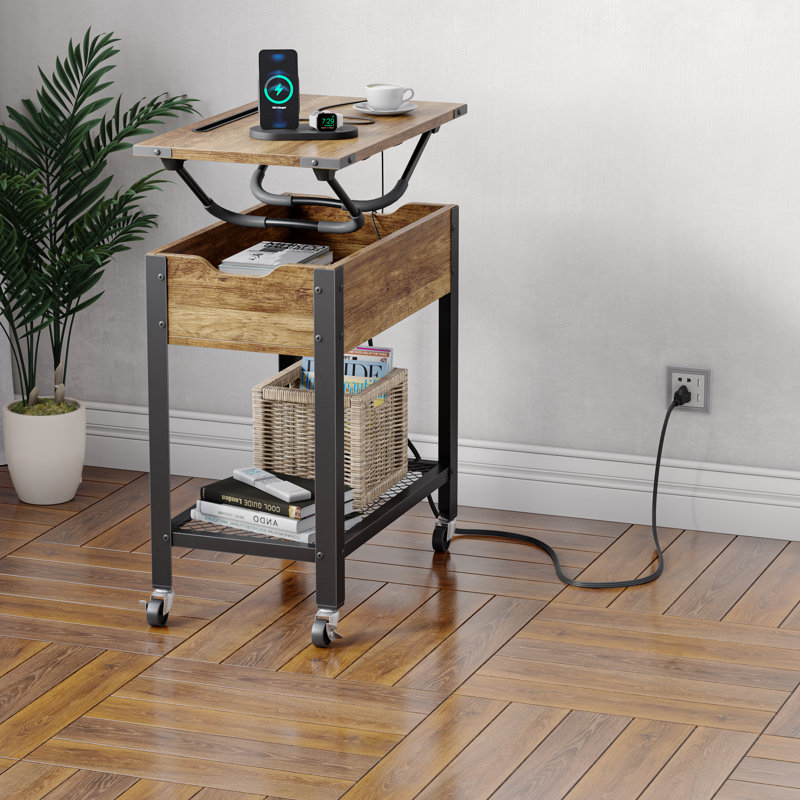 Table de bout Haigh avec bureau d'ordinateur portable amovible et stations de charge, Brun, 1