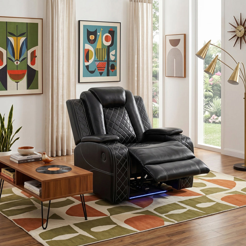 Veltrix Dark Vegan Leather  Reclining  Chair With Cup-Holders And LED Lights, Black Faux Leather