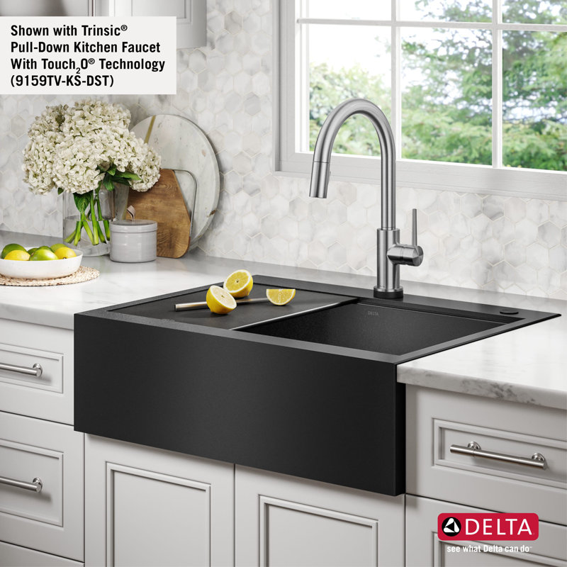 Delta Rivet™ Black Stainless Steel Retrofit Farmhouse Apron Front 16 Gauge Workstation Kitchen Sink Single Bowl