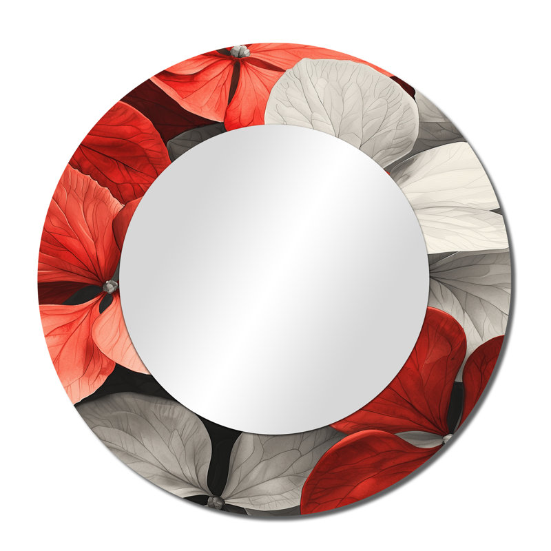 Monochrome Red Hydrangea Petal Accent I - Traditional Decorative Mirror Wall Art - Printed On Metal, 36" x 36"