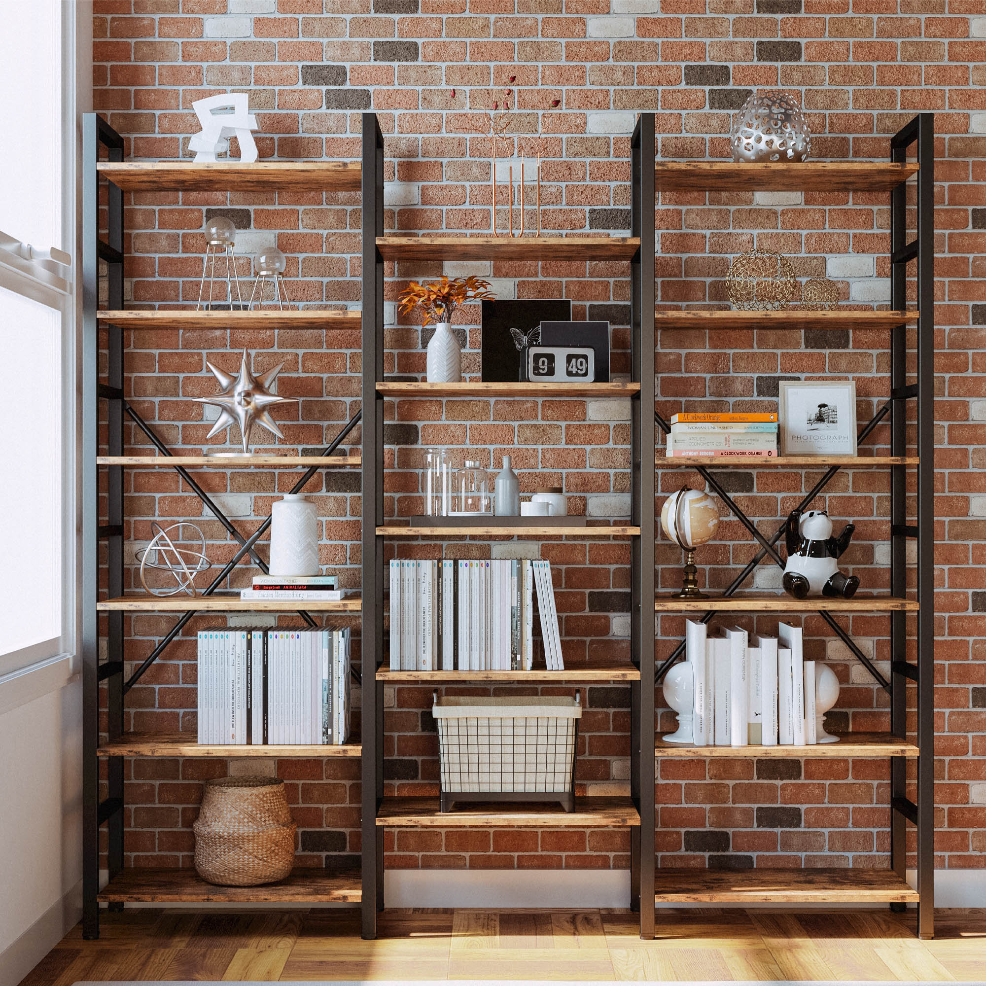 17 Stories Bookcases And Bookshelves Triple Wide 5 Tiers Industrial Bookshelf, Large Etagere Bookshelf Open Display Shelves With Metal Frame For Living Room Bedroom Home Office & Reviews | Wayfair