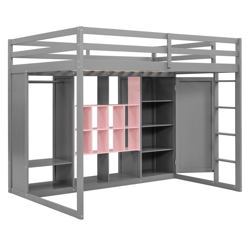 Lit mezzanine double en bois gris et rose, rangement orienté avec garde-robe et tablettes, escalier réversible, ensemble de couleurs pour lit long de 78,3 po, tablettes ouvertes pour le rangement des articles essentiels, coffre-fort pour plus de 6
