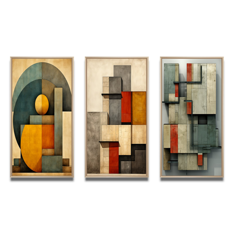 «Full Moon Celebratration Vintage Abstract», 3 pièces sur toile, Cadre naturel flottant, H 32 po x l 48 po