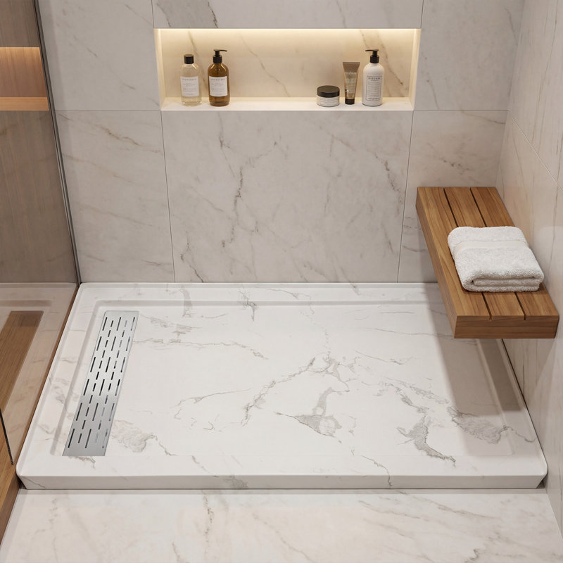 Base de bac de douche rectangulaire l 60 po x P 32 po avec couvercle de drain en acier inoxydable, acrylique aspect marbre