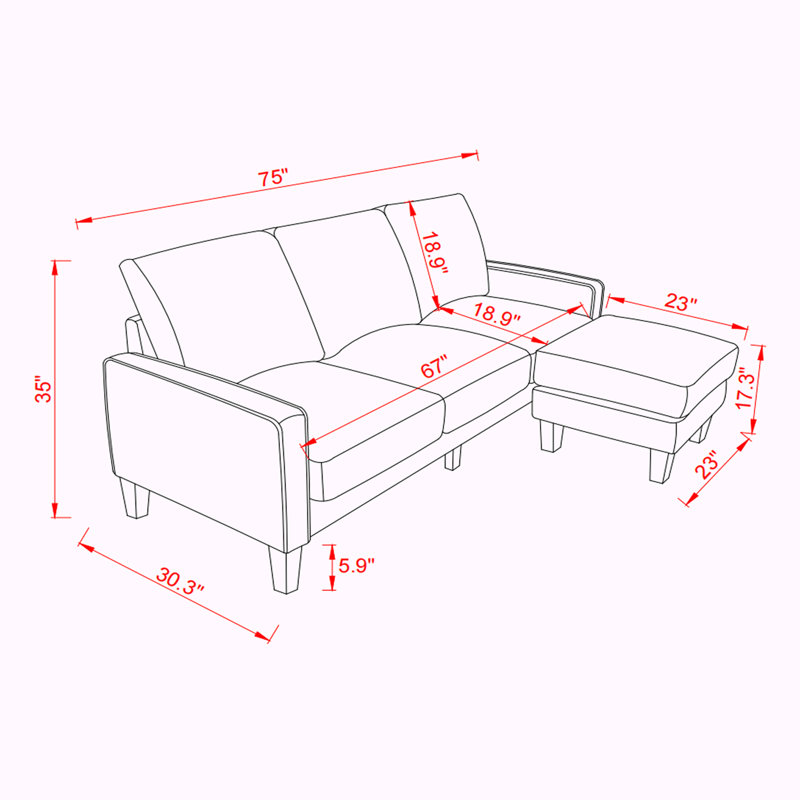 Modern 75'' Upholstered Sofa Chaise, Polyester Beige