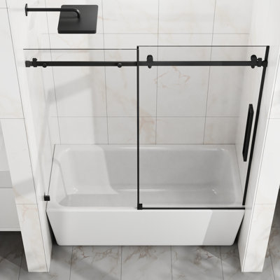 Porte coulissante en verre de l 60 po x H 58 po, verre trempé transparent de 1/4 po (6 mm) d'épaisseur, rouleaux corrosifs, fonctionnement silencieux, douche de baignoire moderne noir mat de 6 mm avec revêtement facile à nettoyer, largeur réglable
