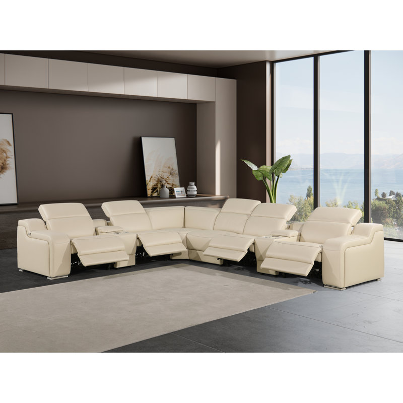Canapé modulaire inclinable électrique en cuir italien 8 pièces Stanuta, Cuir véritable beige