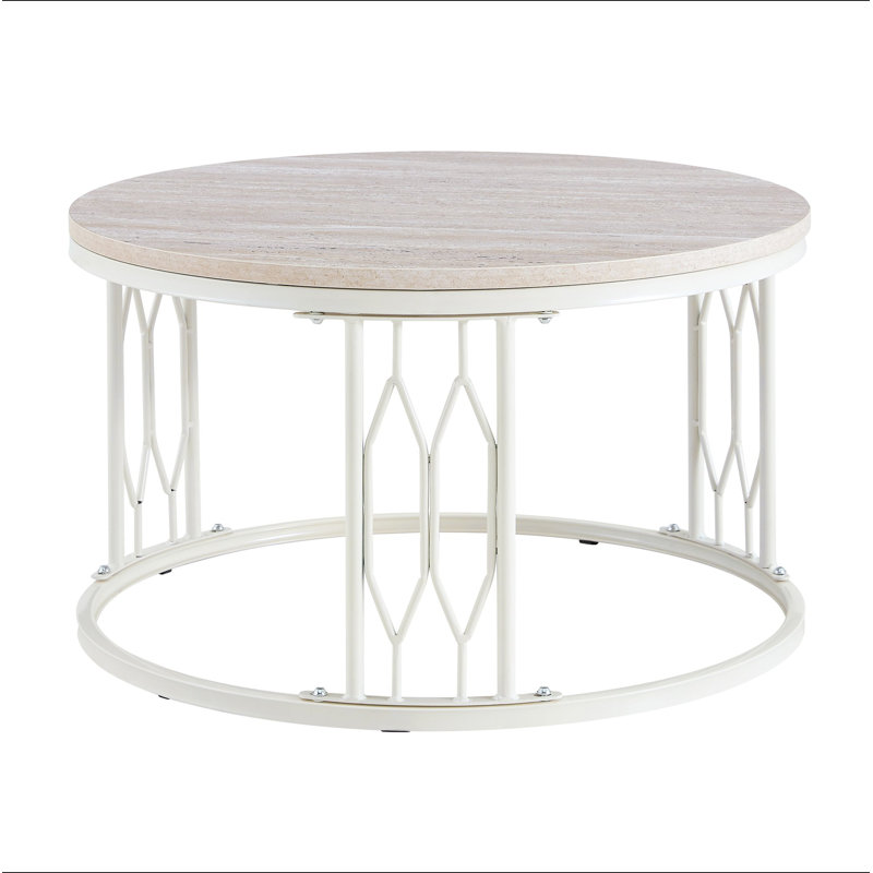 Table basse ronde en panneau de fibres à densité moyenne avec texture effet pierre, diamètre de 27,5 pouces. Table basse ronde pour le salon. Table basse ronde de style Wabi-sabi avec des pieds en métal robustes et un assemblage facile.