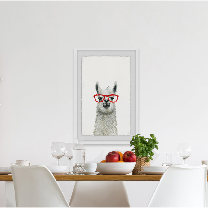 Red Trendy Llama - Painting, 45cm H x 38cm W, White Framed