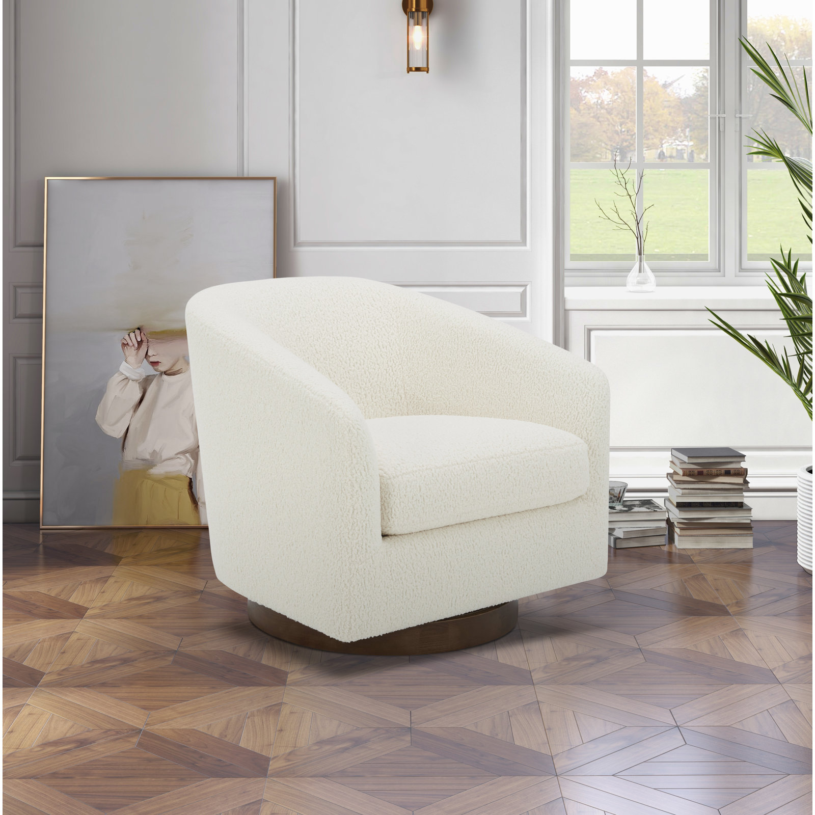 Bennett Linen Swivel Barrel Chair, White