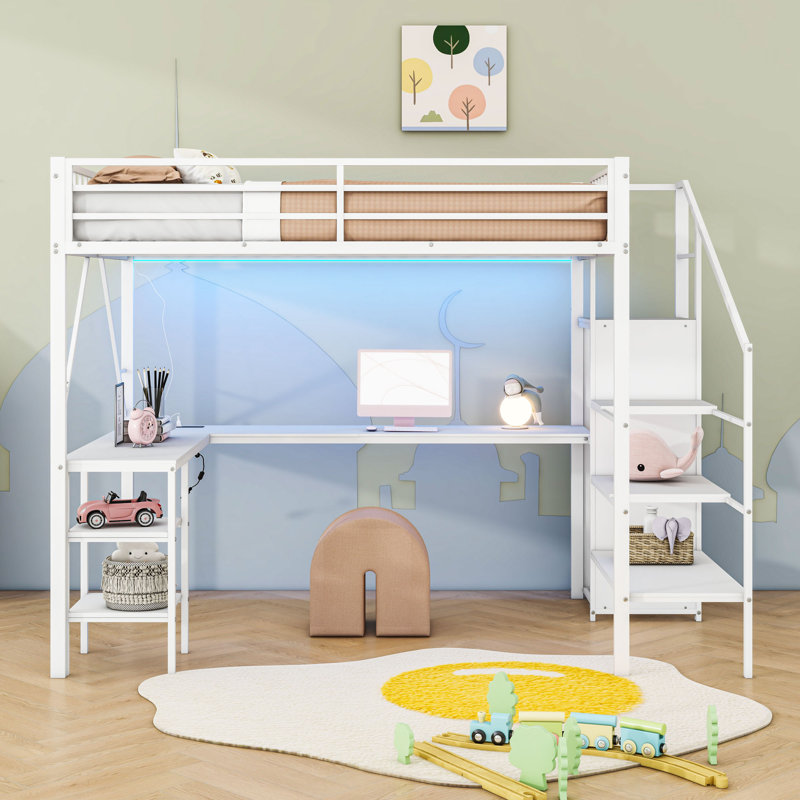 Lit mezzanine avec garde-robe, bureau en L, ports USB, lumières DEL, tablettes de rangement et escalier