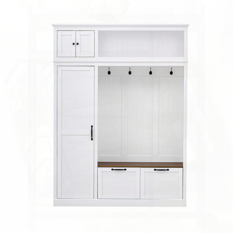 3-in-1 Hall Tree with Overhead Storage and Adjustable Shelves (White), White