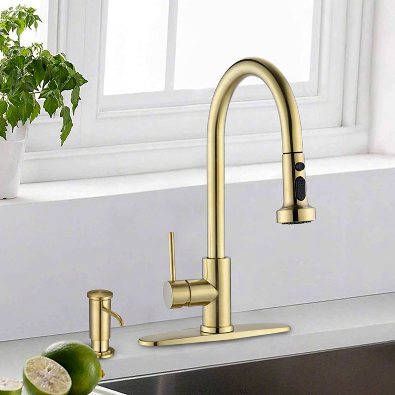 Robinet de cuisine rétractable en acier inoxydable avec distributeur de savon doré brossé, Or brossé