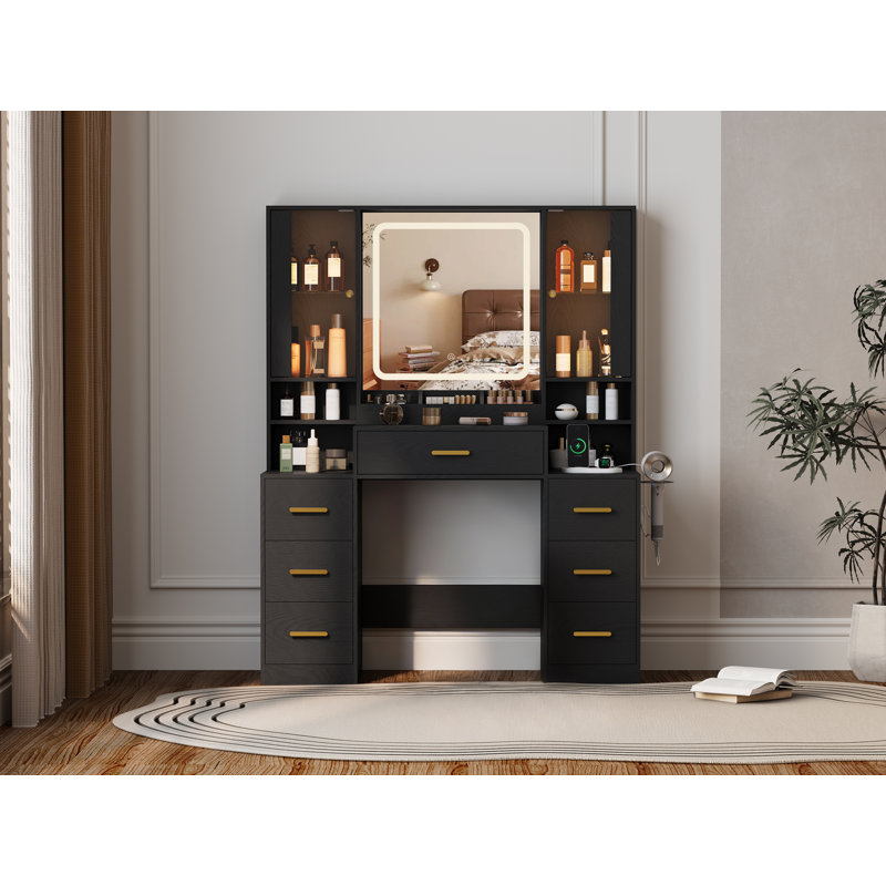Grand ensemble de coiffeuse éclairée avec lumières RVB réglables et station de charge, coiffeuse avec miroir et grand rangement