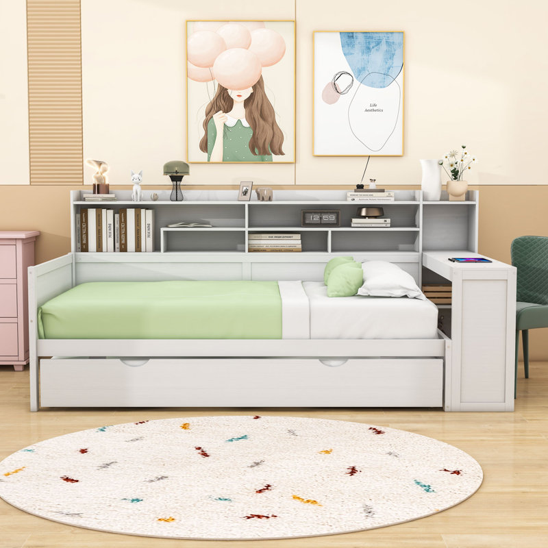 Wooden Daybed with Storage Shelves,  Trundle Bed and Study Desk, Twin, Antique White