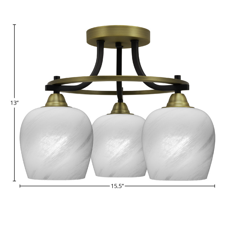 Plafonnier semi-encastré 3 lumières Paramount en noir mat et finition laiton avec verre de marbre blanc de 6 po