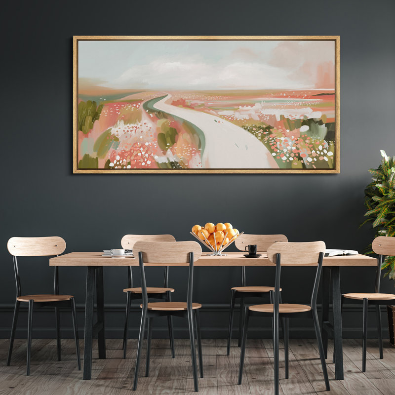 Art mural sur toile Whimsical Pink Field Pathway - Paysage floral abstrait ludique pour salon moderne, H 30 po x l 60 po