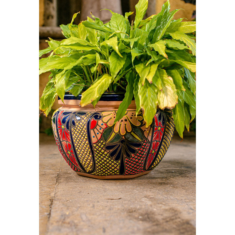Talavera 13"H Detailed Talavera Octogonal Ceramic Chata Planter, Orange/Green
