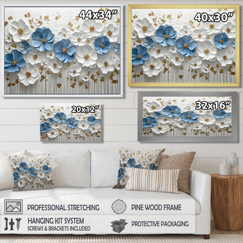 Ikramudeen Widlflowers, bleu blanc, fleurs crémeuses dans la nature II - fleurs sauvages, art mural, H 30 po x l 40 po
