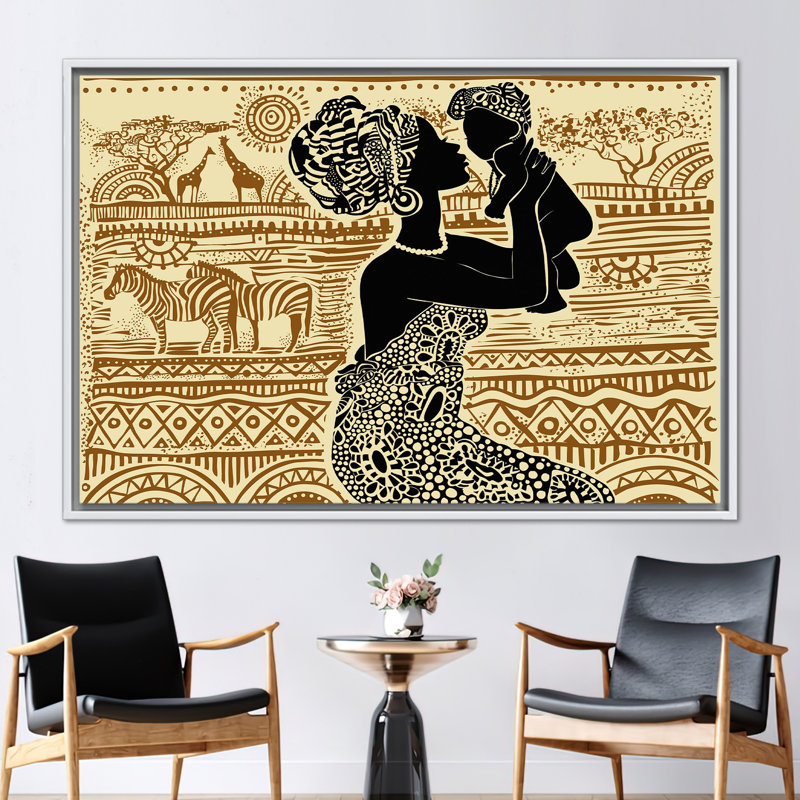 «Vibrant African Woman», toile d'art abstraite avec motifs et animaux de safari, H 33 po x l 45 po, Blanc