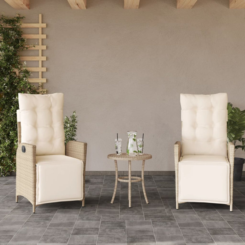 2 - Person Wicker Patio Dining Set with Round Table , Cushions Included, Beige, Beige