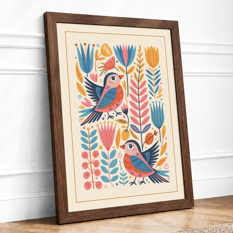 Birds Among Blooms Botanical - Framed Print, A3 - 42.0 x 29.7 cm, Walnut
