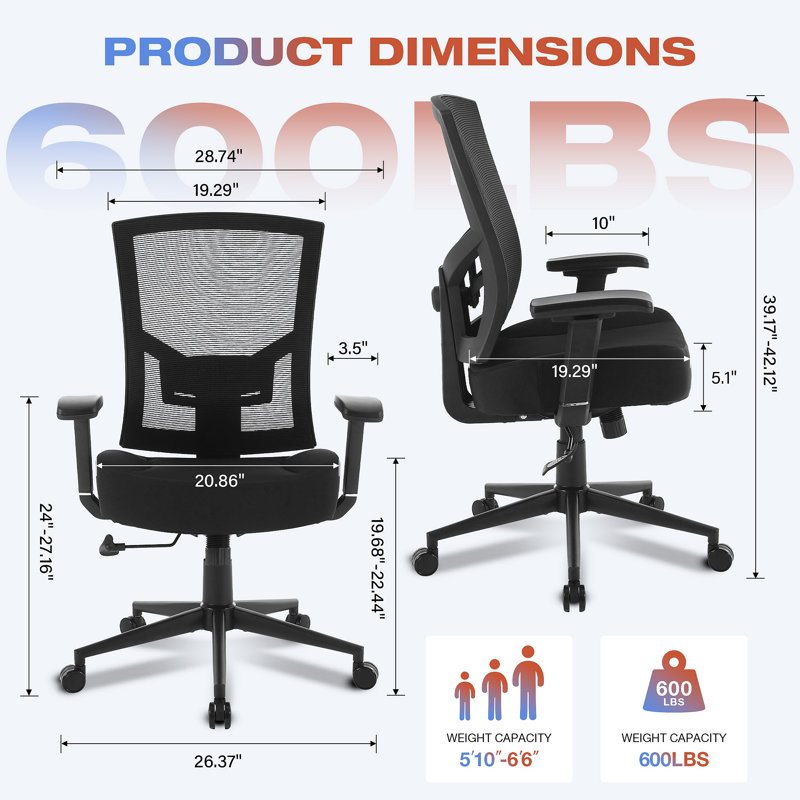 Grande et grande chaise de bureau 600 lb avec support lombaire pour un travail quotidien en maille ergonomique de huit heures par jour