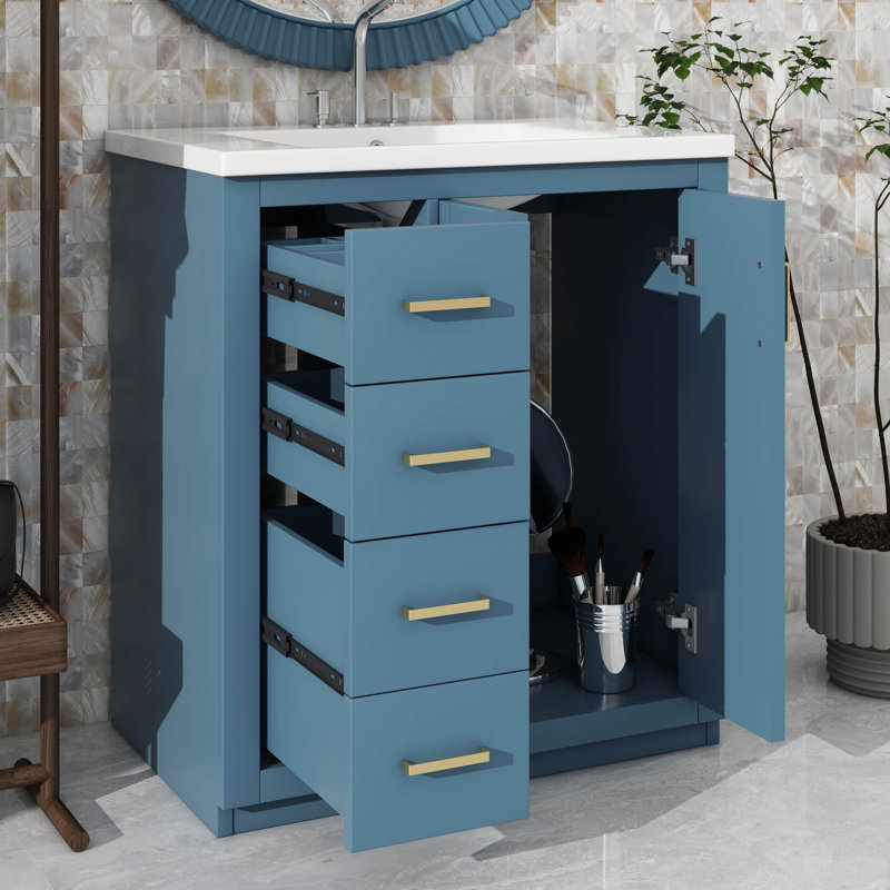 Meuble-lavabo de 30 po avec lavabo en céramique, armoire de rangement moderne à 3 tiroirs et 2 portes, meuble-lavabo autoportant, fermeture en douceur