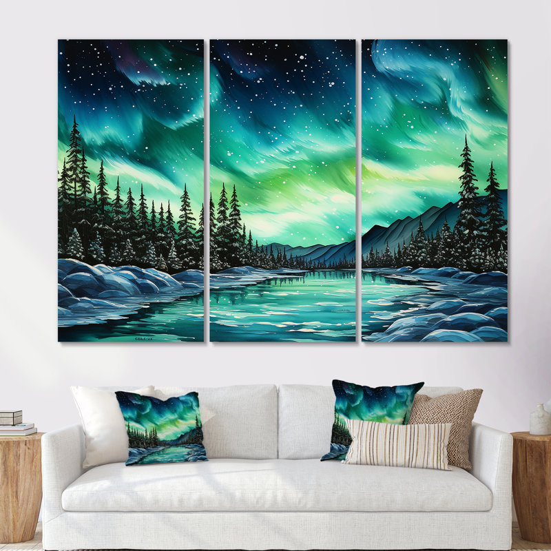 «Green Northern Lights Winter Charm» - ensemble de décorations murales Northern Lights, Toile tendue