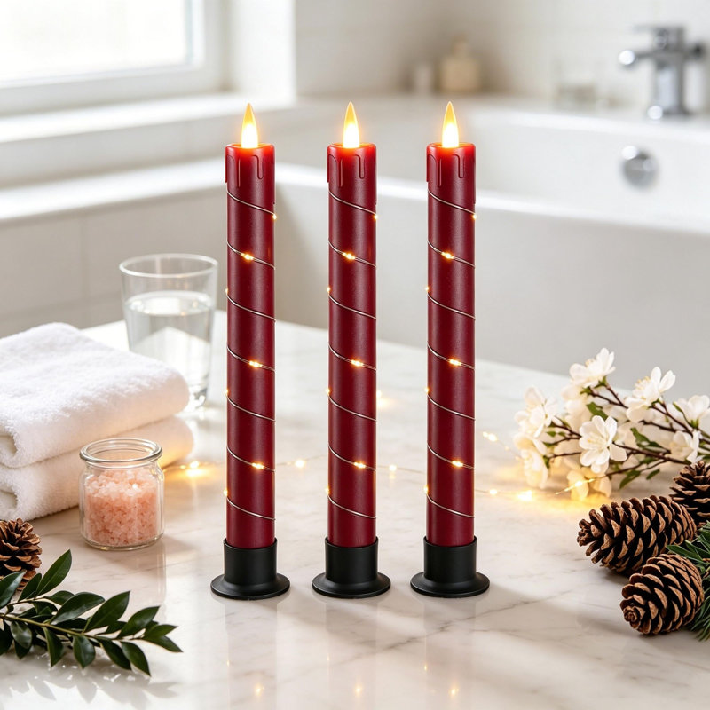 Unscented Flameless Taper Candle with Plastic Holder, Red