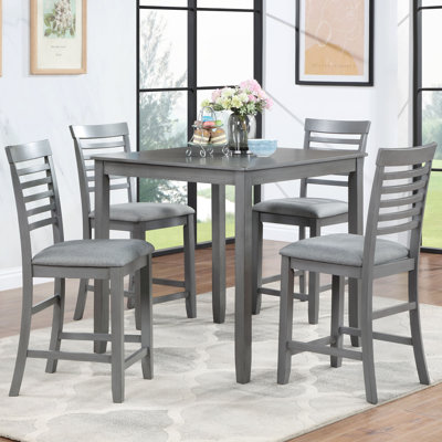 Counter Height 5-Piece Dining Set, 34.5″ Square Gray Table & 4 Upholstered Chairs with Horizontal Slat Back