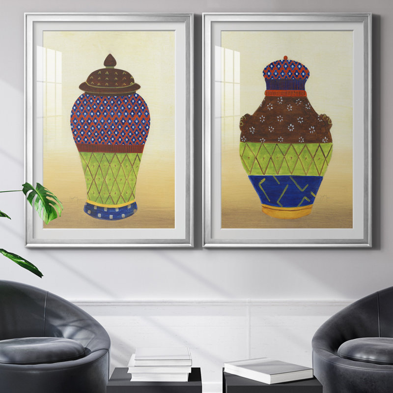 «Marrakech Urn I», ensemble de 2 reproductions d'art, H 26,5 po x l 73 po x P 1,5 po, Papier avec cadre argenté, Blanc