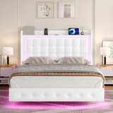 Upholstered Platform Bed with LED Lights, Charging Port, Floating Bed