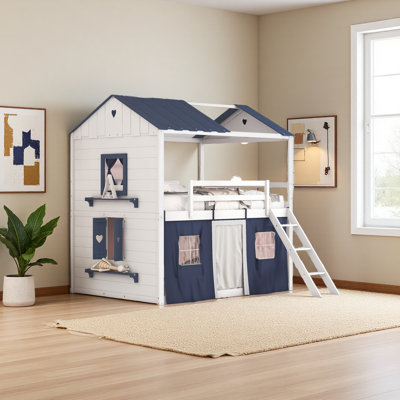 Bunk Wood House Bed With Elegant Windows, Sills And Tent