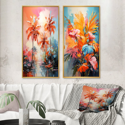 «Orange Pink Palm Trees Abstract», 2 pièces