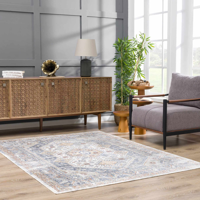 Afya Light Blue and Rust Polyester Rectangle Area Rug 2'3" x 3'9"