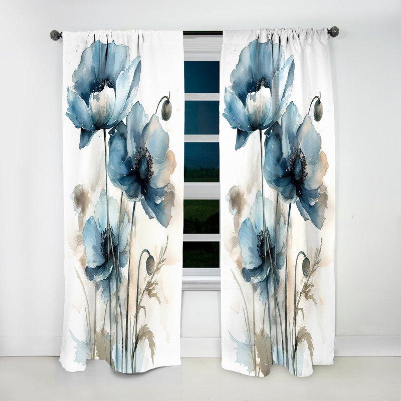 Galeno Black And Blue Poppy Flowers Bouquet - Boho Pottery Curtain - Velvet Room Darkening - 1 Panel, 52" W x 108" L