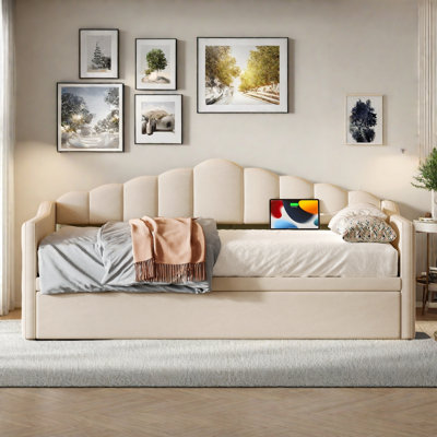 Upholstered Daybed With Pop Up Trundle, Charging Ports, 2 Side Pockets And Curved Backrest Design