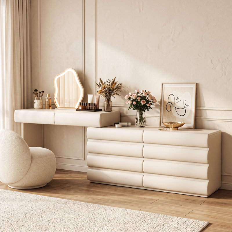 Coiffeuse extensible blanc crème avec tiroirs incurvés et 10 tiroirs de rangement, coiffeuse suspendue moderne avec commode pour chambre à coucher