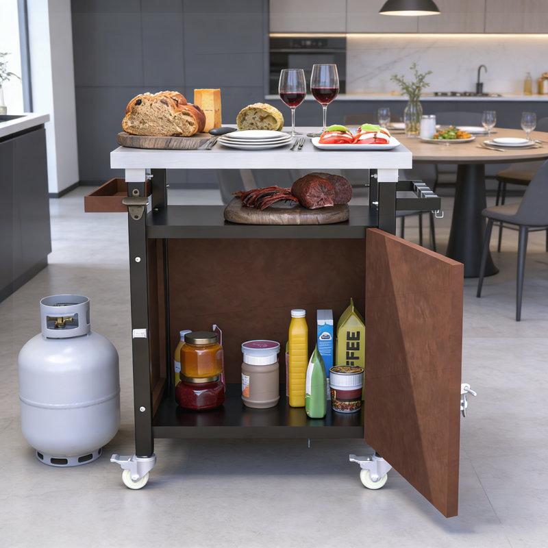 Chariot de barbecue extérieur mobile avec plateau en acier inoxydable, rangement, roulettes, crochets et support à épices pour cuisiner et recevoir en terrasse.